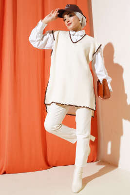 Çoban Dikişli V Yaka Süveter Taş - Thumbnail