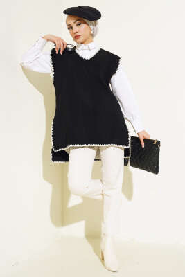 Çoban Dikişli V Yaka Süveter Siyah - Thumbnail