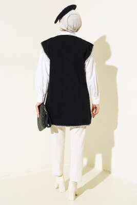 Çoban Dikişli V Yaka Süveter Siyah - Thumbnail