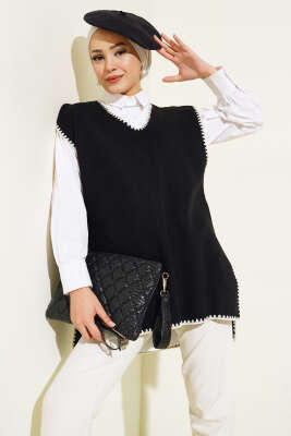 Çoban Dikişli V Yaka Süveter Siyah - Thumbnail