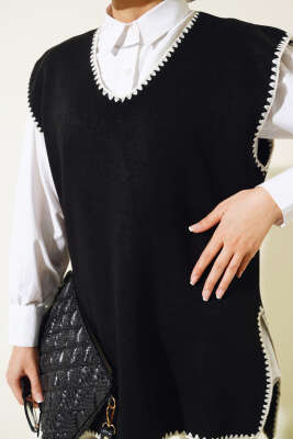 Çoban Dikişli V Yaka Süveter Siyah - Thumbnail