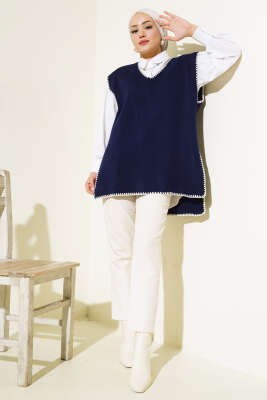 Çoban Dikişli V Yaka Süveter Lacivert - Thumbnail