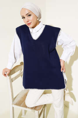 Çoban Dikişli V Yaka Süveter Lacivert - Thumbnail