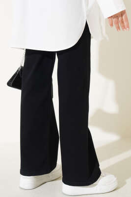 Kuşaklı Geniş Paça Kot Pantolon Siyah - Thumbnail