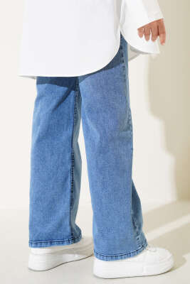 Kuşaklı Geniş Paça Kot Pantolon Kot Mavisi - Thumbnail