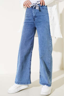 Kuşaklı Geniş Paça Kot Pantolon Kot Mavisi - Thumbnail