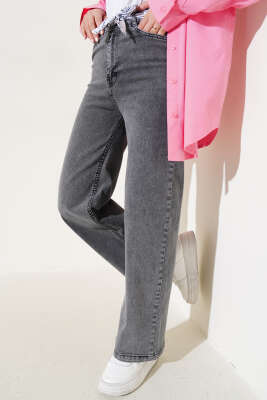 Kuşaklı Geniş Paça Kot Pantolon Füme - Thumbnail