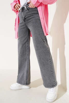 Kuşaklı Geniş Paça Kot Pantolon Füme - Thumbnail