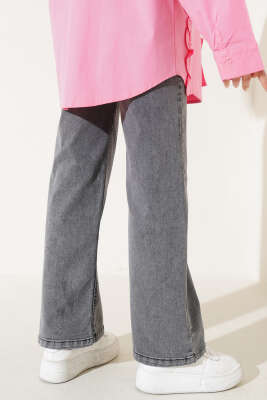 Kuşaklı Geniş Paça Kot Pantolon Füme - Thumbnail