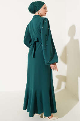 Yarım Taş Düğmeli Volanlı Elbise Zümrüt - Thumbnail