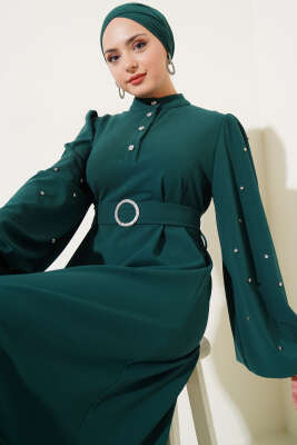 Yarım Taş Düğmeli Volanlı Elbise Zümrüt - Thumbnail