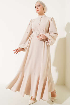 Pazarium - Yarım Taş Düğmeli Volanlı Elbise Taş