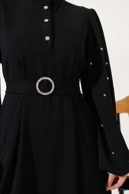 Yarım Taş Düğmeli Volanlı Elbise Siyah - Thumbnail