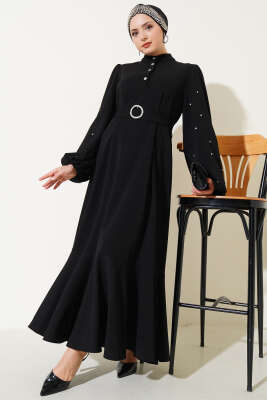 Yarım Taş Düğmeli Volanlı Elbise Siyah - Thumbnail