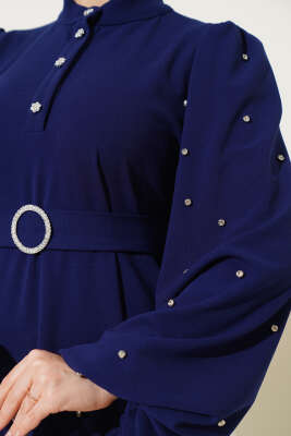 Yarım Taş Düğmeli Volanlı Elbise Lacivert - Thumbnail