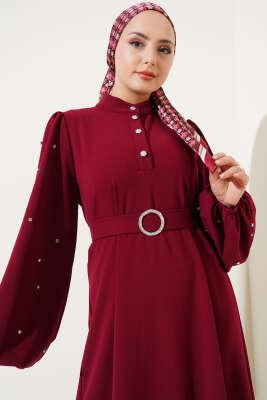 Yarım Taş Düğmeli Volanlı Elbise Bordo - Thumbnail