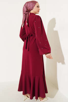 Yarım Taş Düğmeli Volanlı Elbise Bordo - Thumbnail