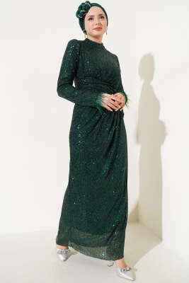 Payetli Bileği Tüylü Elbise Zümrüt - Thumbnail