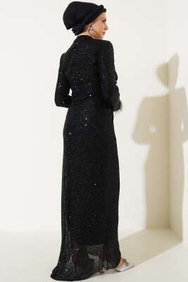 Payetli Bileği Tüylü Elbise Siyah - Thumbnail