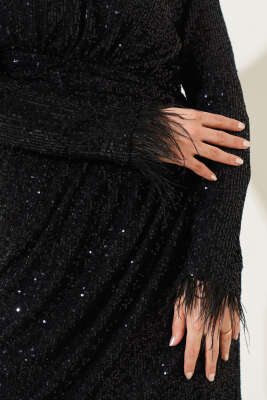 Payetli Bileği Tüylü Elbise Siyah - Thumbnail