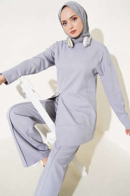Pazarium - Önü Fermuarlı Tunik İkili Takım Gri