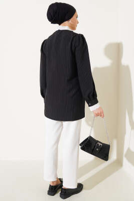 Yaka Brodeli Çizgili Gömlek Siyah - Thumbnail