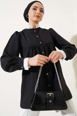 Yaka Brodeli Çizgili Gömlek Siyah - Thumbnail