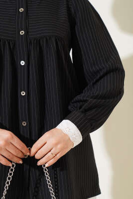 Yaka Brodeli Çizgili Gömlek Siyah - Thumbnail