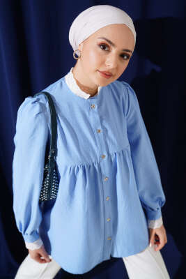 Yaka Brodeli Çizgili Gömlek Mavi - Thumbnail