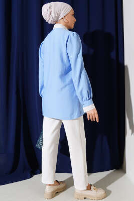 Yaka Brodeli Çizgili Gömlek Mavi - Thumbnail