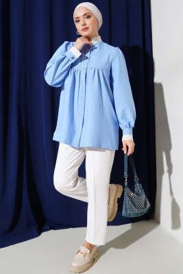 Yaka Brodeli Çizgili Gömlek Mavi - Thumbnail