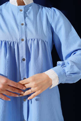 Yaka Brodeli Çizgili Gömlek Mavi - Thumbnail