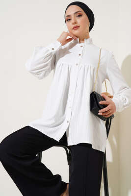 Pazarium - Yaka Brodeli Çizgili Gömlek Beyaz