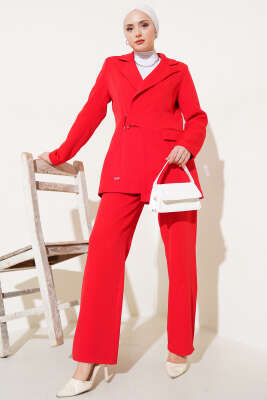 Pazarium - Ceketli Kruvaze Yaka İkili Takım Kırmızı