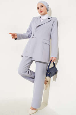 Pazarium - Ceketli Kruvaze Yaka İkili Takım Gri