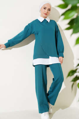 Pazarium - Gömlek Garnili Tunik İkili Takım Zümrüt