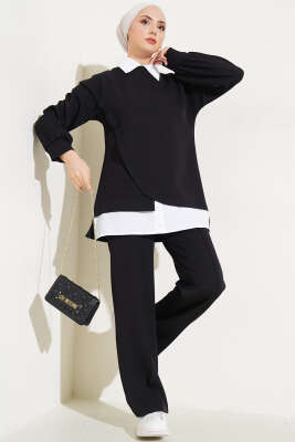 Pazarium - Gömlek Garnili Tunik İkili Takım Siyah