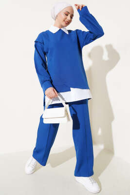 Pazarium - Gömlek Garnili Tunik İkili Takım Lacivert