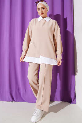 Pazarium - Gömlek Garnili Tunik İkili Takım Bej