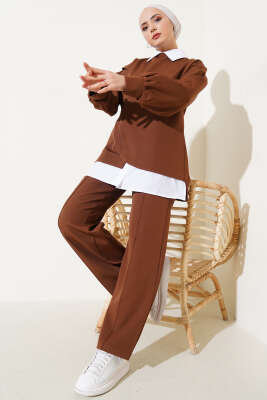 Pazarium - Gömlek Garnili Tunik İkili Takım Kahve