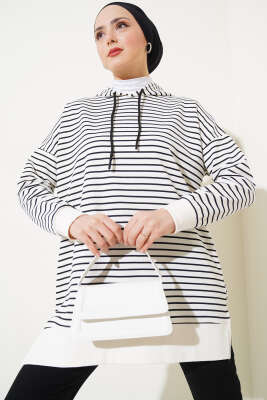 Çizgili Kapüşonlu İki İplik Tunik Siyah - Thumbnail