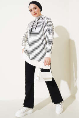 Çizgili Kapüşonlu İki İplik Tunik Siyah - Thumbnail