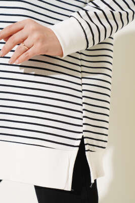 Çizgili Kapüşonlu İki İplik Tunik Siyah - Thumbnail