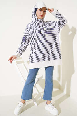 Çizgili Kapüşonlu İki İplik Tunik Lacivert - Thumbnail