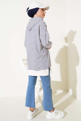 Çizgili Kapüşonlu İki İplik Tunik Lacivert - Thumbnail