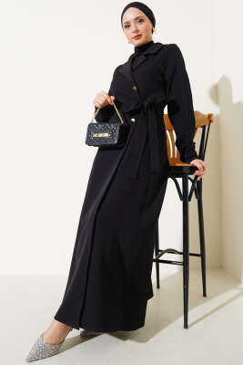 Kruvaze Yaka Yan Bağlamalı Kap Siyah - Thumbnail