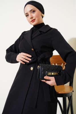 Kruvaze Yaka Yan Bağlamalı Kap Siyah - Thumbnail