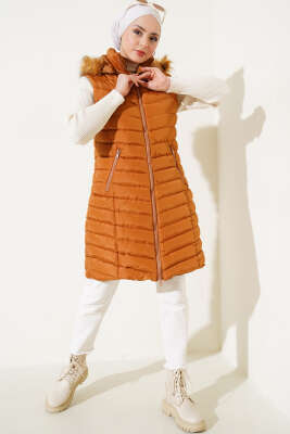 Fermuarlı Cepli Kapüşonlu Şişme Yelek Taba - Thumbnail