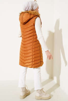 Fermuarlı Cepli Kapüşonlu Şişme Yelek Taba - Thumbnail