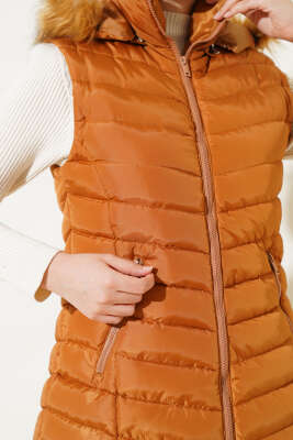 Fermuarlı Cepli Kapüşonlu Şişme Yelek Taba - Thumbnail